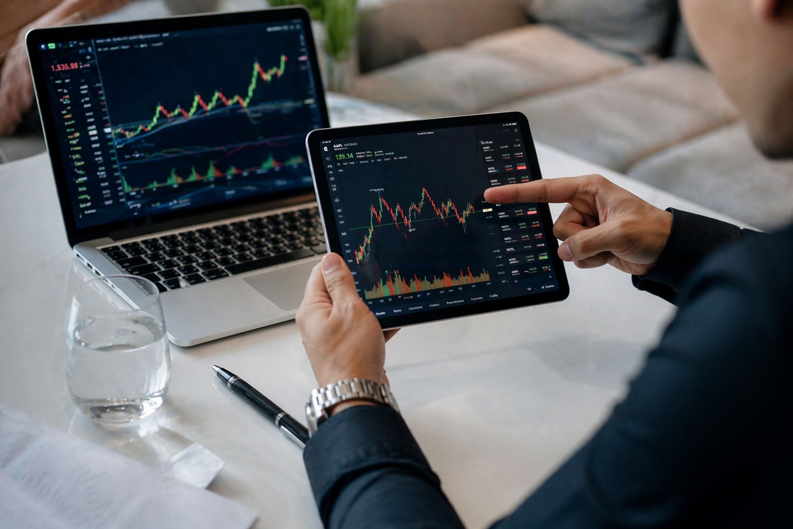 Businessman analyzes stock market graphs on tablet and laptop in modern office.