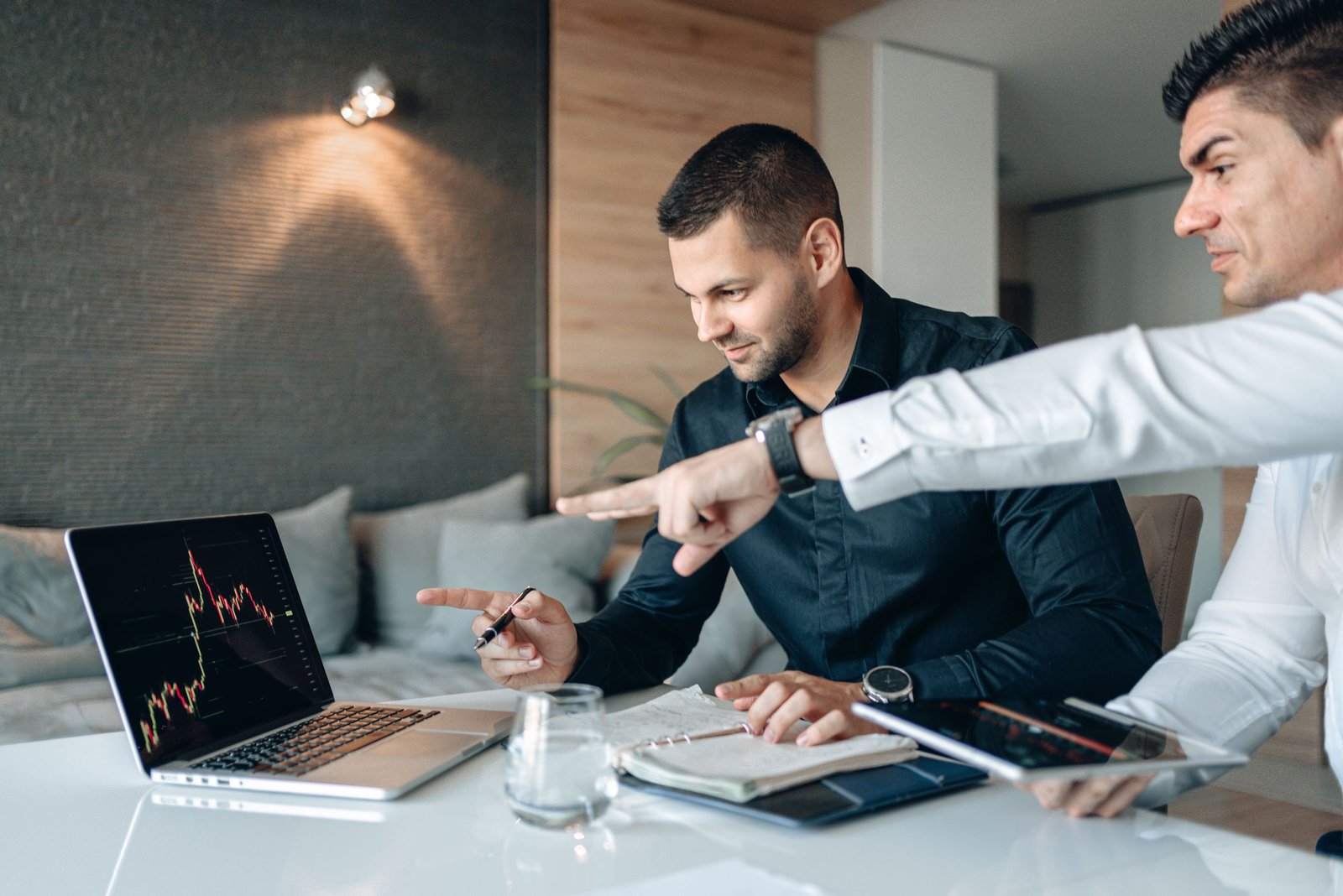 Two businessmen reviewing financial data on a laptop indoors, analyzing market trends.