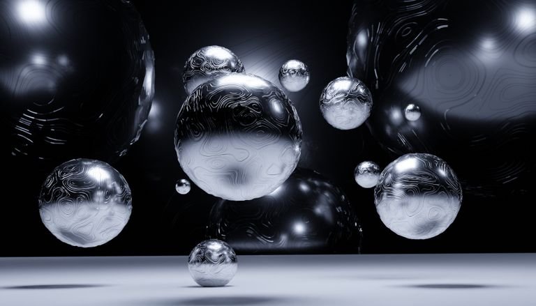 An abstract 3D visualization of floating silver balls with complex textures and shadows.