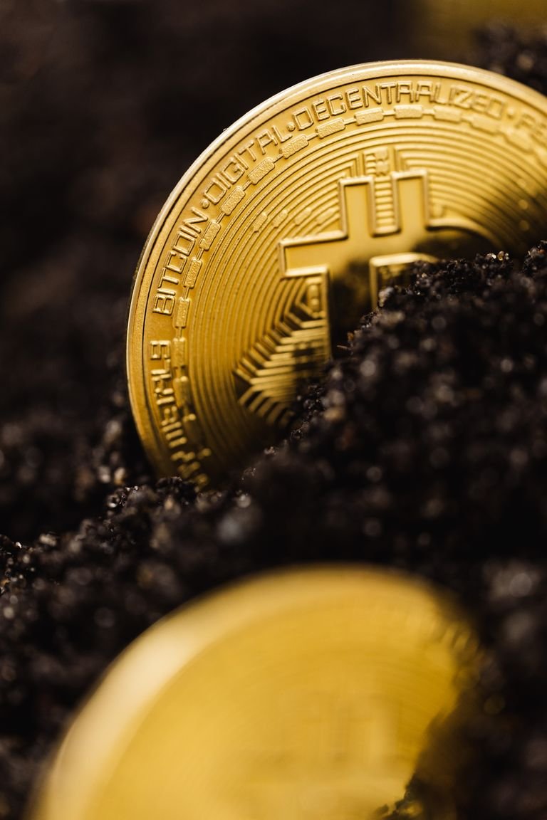 Detailed view of gold bitcoin in dark soil symbolizing cryptocurrency mining.